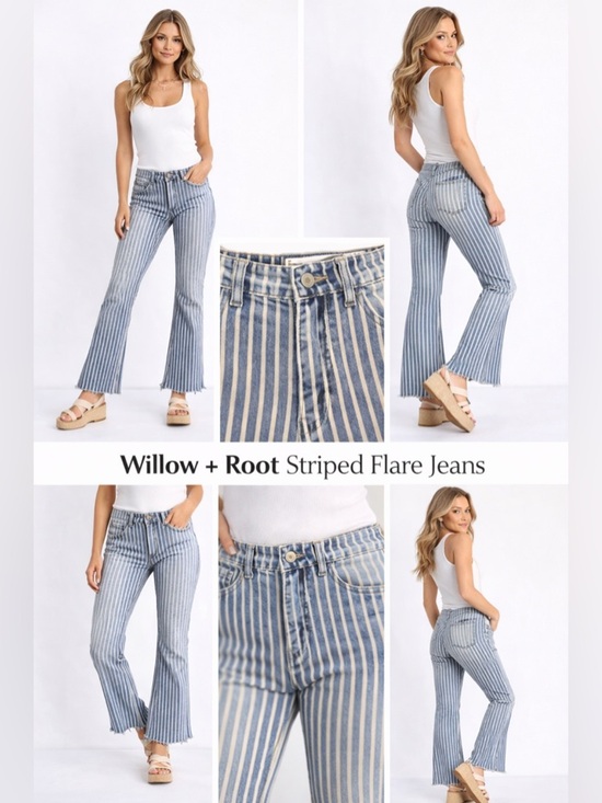 willow & root Denim - Willow & Root Striped Flare Jeans Women’s 25x32 High Rise Wide Leg Denim Boho